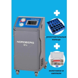 Установка для заправки автокондиционеров NORDBERG NF14 с набором уплотнительных колец Car-Tool CT-8325 и набором золотников и ниппелей NORDBERG NFA6Ks