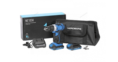 Шуруповерт аккумуляторный NORDBERG NE105K (макс. ? сверла 13 мм, 20 В, 50 Нм, с 2 аккумуляторами и зарядным устройством)