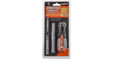 750106 Отвертка стержневая 6 в 1 ROUND GRIP 1/4",5/16"DR, SL5,6, PH1,2