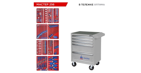 Набор инструментов 256 предметов, "МАСТЕР 256", в тележке МАСТАК 52-05256