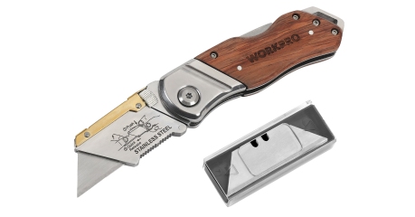Нож универсальный складной со сменными лезвиями и деревянной рукояткой WP211014 WORKPRO