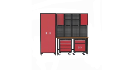 Комплект производственной мебели с набором инструментов из 107-ми предметов, цвет красный.
