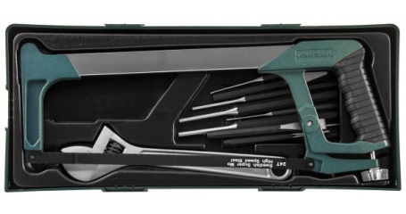 M645114SP Набор инструмента ножовка, разводной ключ, зубила и выколотки в ложементе, 14 предметов