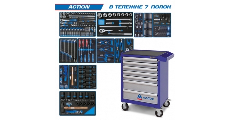 Инструментальная тележка с набором инструментов "ACTION" 327 предметов KING TONY 934-327AMB (синяя)