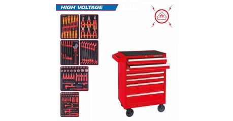 Набор инструментов "HIGH VOLTAGE" KING TONY 934-117MRVE в красной тележке, 117 предметов