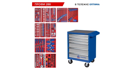 Набор инструментов ПРОФИ 288 в тележке МАСТАК 52-06288 (288 предметов)