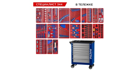 Набор инструментов СПЕЦИАЛИСТ 344 в синей тележке МАСТАК 50-07344B (344 предмета)