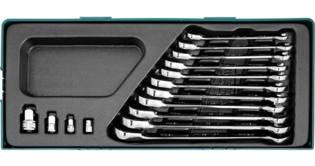 Набор ключей гаечных комбинированных трещоточных с аксессуарами 8-19 мм в ложементе 15 предметов JONNESWAY W106115SP