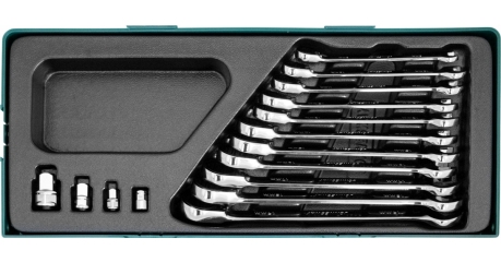 Набор ключей гаечных комбинированных трещоточных с аксессуарами 8-19 мм в ложементе 15 предметов JONNESWAY W106115SP