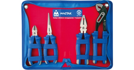 Набор пассатижей, плоскогубцев и бокорезов МАСТАК 03-4Z в футляре на молнии, 4 шт