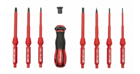 Отвертка диэлектрическая JONNESWAY DV15109S со сменными стрежнями в наборе, 9 предметов