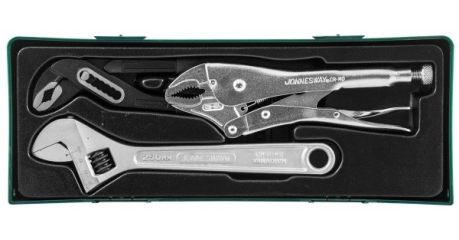 P2803SP Набор разводной ключ, ручные тиски "струбцина" и клещи переставные с коробчатым захватом в ложементе, 3 предмета