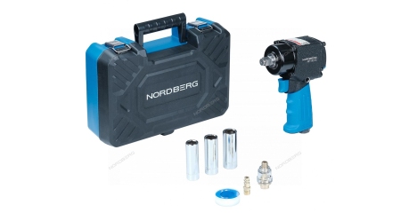 Пневмогайковерт NORDBERG NP14075K ударный укороченный, с 3-мя головками в кейсе,1/2", 680 Нм