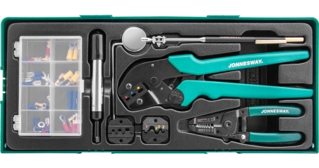 Пресс-клещи обжимные с аксессуарами и расходными материалами в ложементе JONNESWAY V1311SP