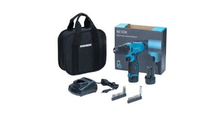 Шуруповерт аккумуляторный NORDBERG NE103K+NE9012, 12 В, 30 Нм с 2 АКБ 2Ач и зарядным устройством